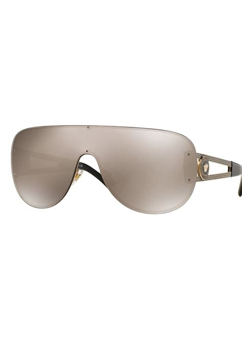 Versace Mirrored Greek Key Shield Sunglasses, Golden Brown